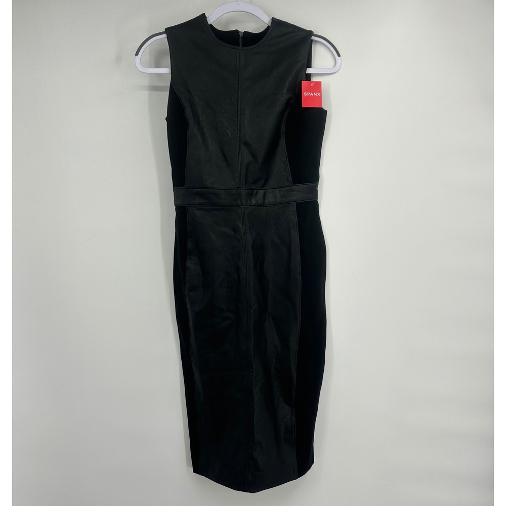 Spanx Leather-Like Combo Fit Dress Luxe Black 20393R Sleeveless Midi Small NWT